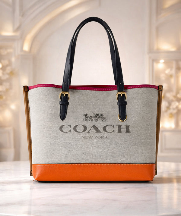 Coach Mollie Tote – Signature Canvas (Arctic White & Orange)