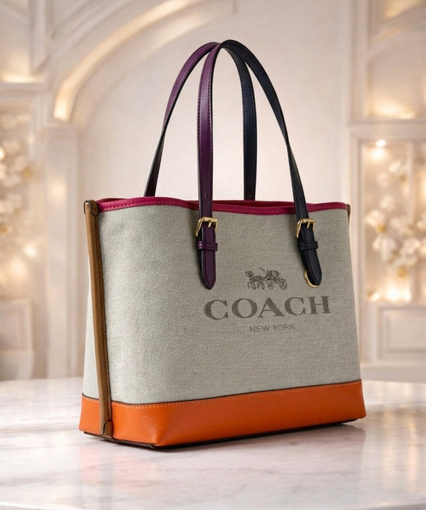 Coach Mollie Tote – Signature Canvas (Arctic White & Orange)